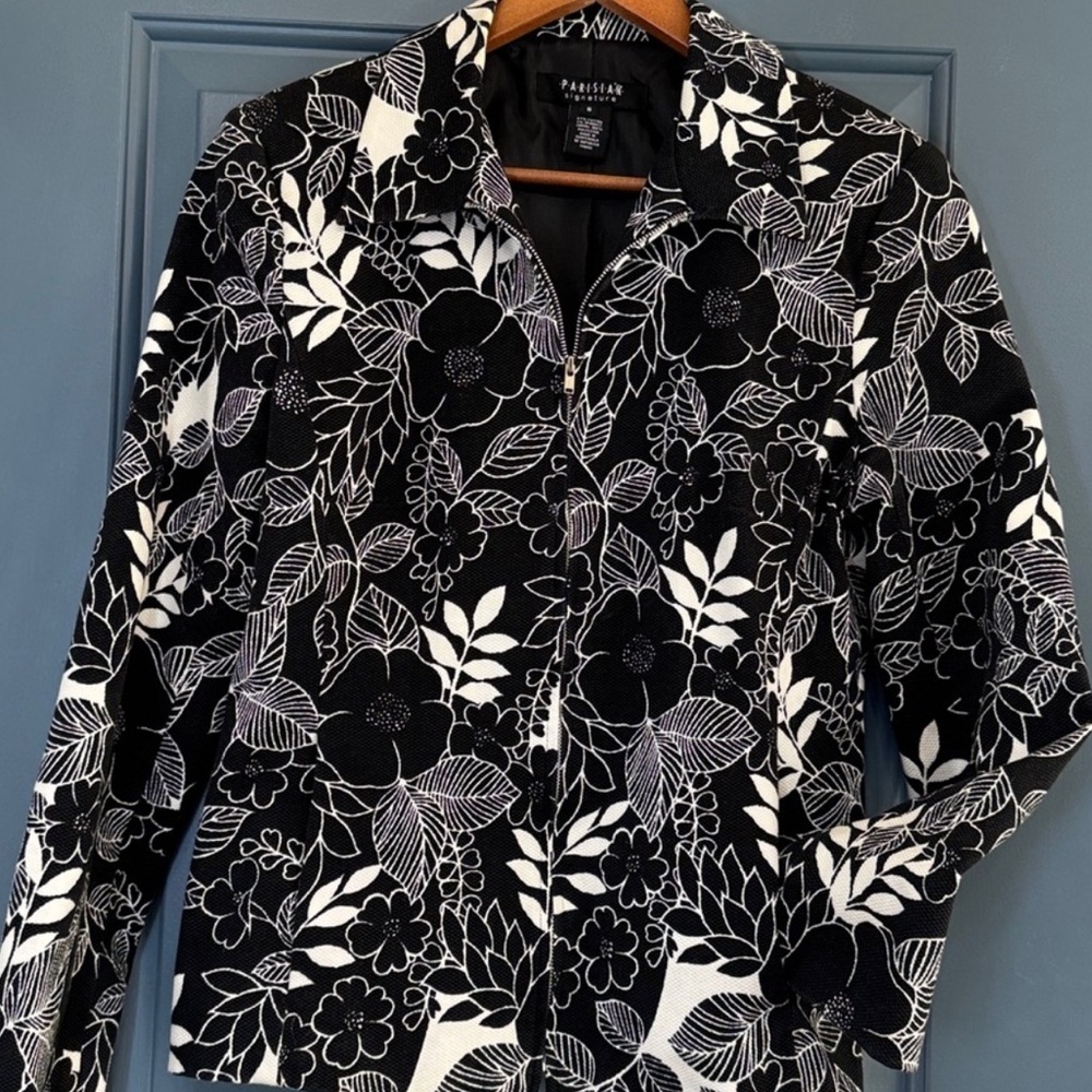 Parisian Signature Floral Zip Front Jacket Medium Black White Career Blazer - Picture 3 of 7